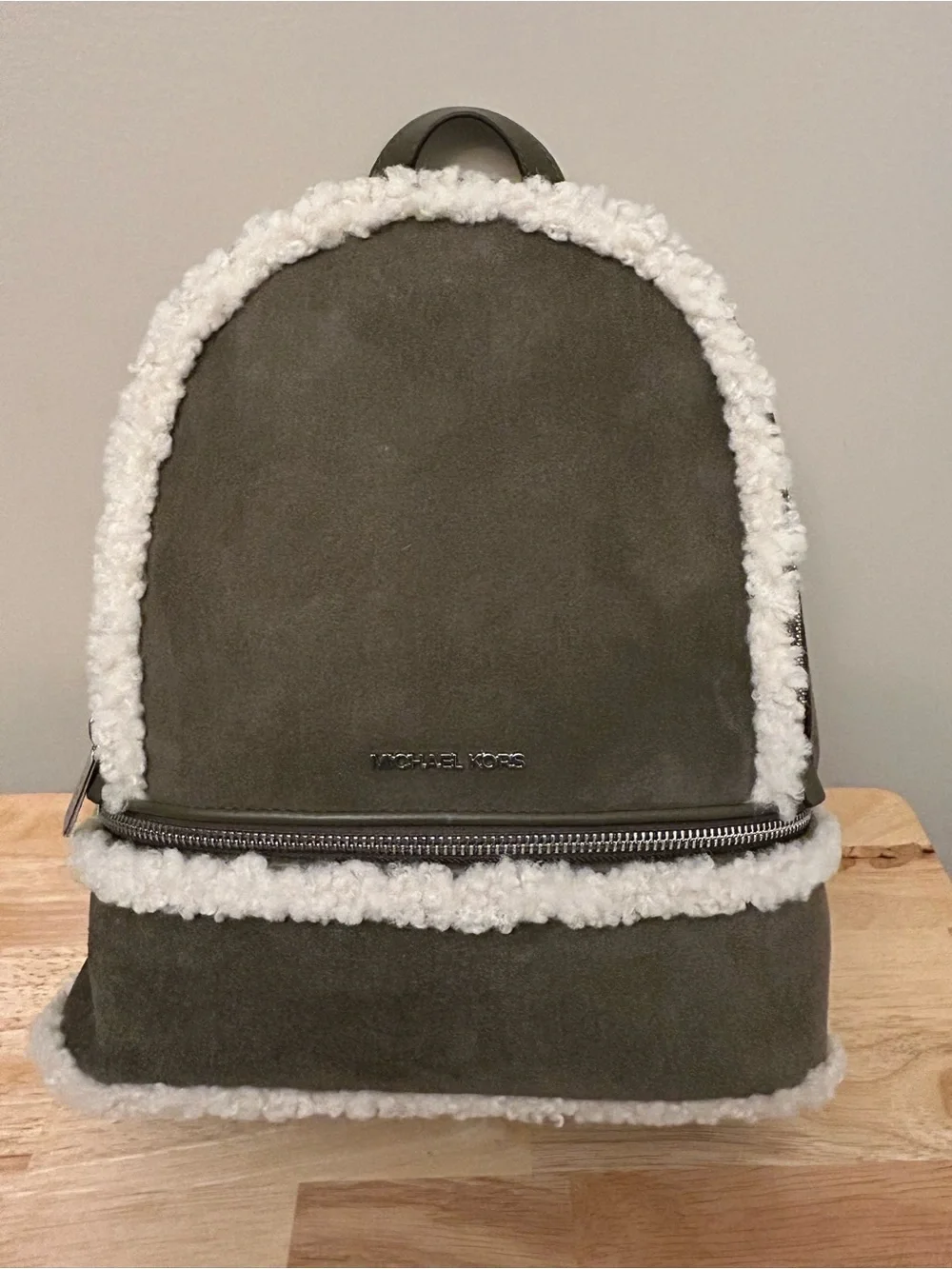 Michael Kors Olive Suede Backpack with Cream Faux Shearling Trim